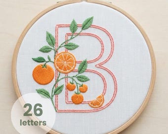 Orange Alphabet Embroidery Pattern PDF 26 Letters Monogram Digital Download Six Inch Hoop Botanical Citrus Summer Craft Grandma Gift Idea