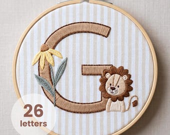 Lion Alphabet Embroidery Pattern, Safari Nursery Decor, Baby Boy Gift (PDF Download)