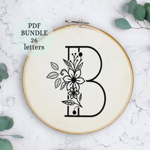 Könnte beinhalten: Ein schwarz-weißes Stickmuster des Buchstabens B mit floralen Verzierungen. Das Muster ist auf einem weißen Stoff gespannt, der über einen hölzernen Stickrahmen gespannt ist.