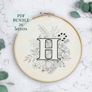Letras do alfabeto floral, padrão de bordado à mão, download digital em PDF, download instantâneo, bordado à mão, monograma DIY detalhado, arte em bastidor