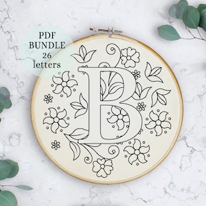 Padrão de bordado floral moderno em PDF, bordado de flores, bordado à mão, para iniciantes, design de bordado boho, letras do alfabeto floral
