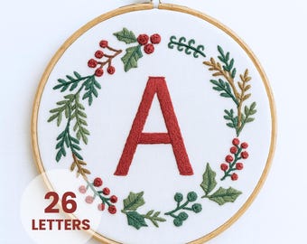 Christmas Wreath Alphabet Hand Embroidery Pattern: DIY Winter Mistletoe (PDF)