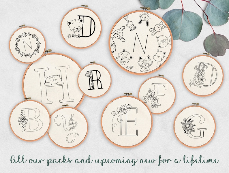 May include: A set of 10 embroidery hoop designs featuring various letters of the alphabet, including floral, animal, and geometric patterns. The designs are black and white and are perfect for embroidery projects.