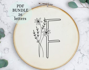 Floral Alphabet Embroidery PDF Pattern, 6 inch, Instant Digital Download, Letter Embroidery Design with Flowers, Floral Monogram, alphabet