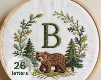 Woodland Bear letter Pattern PDF Full Alphabet Embroidery Design Instant Download hand stitching template