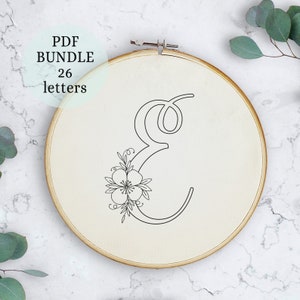 Padrão de bordado de letras florais, download instantâneo, monograma inicial, bordado à mão do alfabeto DIY, padrão de bordado inicial, 26 letras
