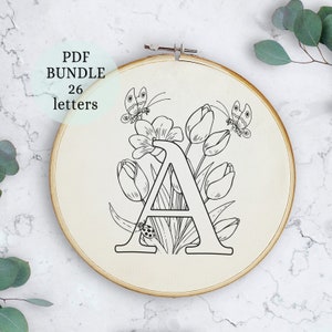 Padrão PDF de bordado de alfabeto, download digital instantâneo, design de bordado de letras com monograma floral, arte costurada à mão, 26 letras