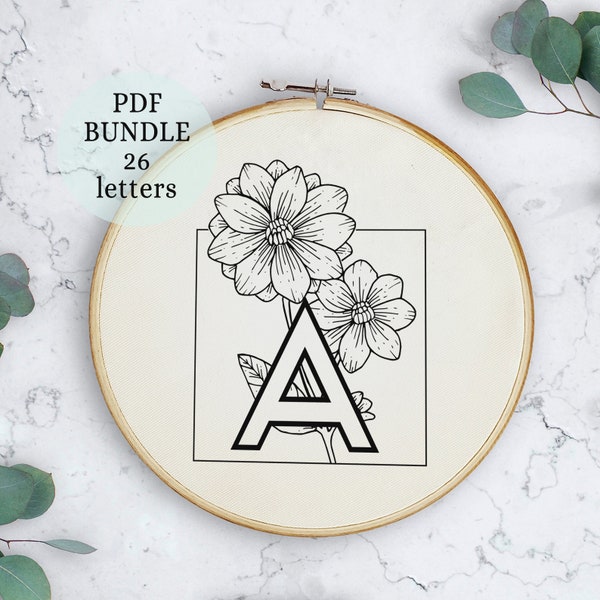 Monogram for embroidery pdf pattern, Digital download, Alphabet letter ready to print for embroidery, sewing punch needle, Floral Monogram