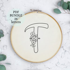 Patrón de bordado monograma pdf, carta con flores, Diseño inicial con flores, Alfabeto completo, Descarga instantánea de costura, hecho a mano