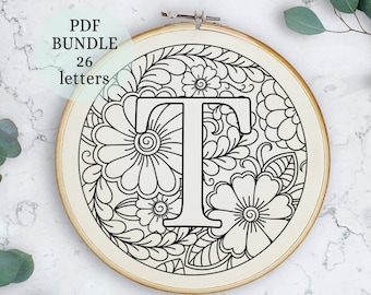 Floral Letter embroidery pattern, instant download, initial monogram, DIY alphabet embroidery,Initial embroidery pattern, DIY Monogram Hoop