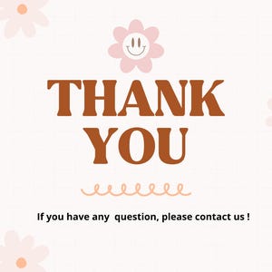 May include: A white background with a brown grid pattern. The text "THANK YOU" is in brown letters with a wavy line underneath. There are pink flowers with yellow centres and a pink flower with a smiley face in the centre.