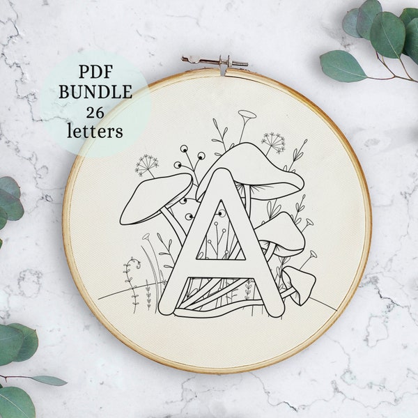 Set of alphabet letters, mushroom Alphabet Embroidery PDF Pattern, Instant Digital Download, Letter Embroidery, mushroom Monogram, hoop art