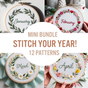 Könnte beinhalten: Ein Set mit 12 Stickmustern für jeden Monat des Jahres. Jedes Muster zeigt einen Kranz aus Blumen und den Namen des Monats. Die Muster sind perfekt, um Ihrer Wohnkultur einen Hauch von Verspieltheit zu verleihen.