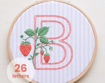 Strawberry Alphabet Embroidery Pattern PDF Hand-Drawn Letters 6 inches hoop