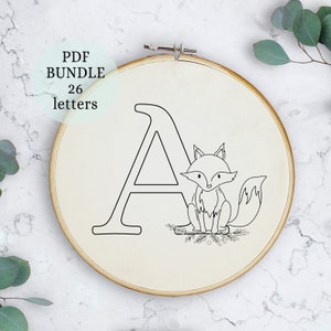 Alfabeto de animales del bosque, Patrón de bordado a mano, Descarga digital PDF, Bordado de bosque, Bordado a mano de animales, Monograma DIY, diseño de zorro