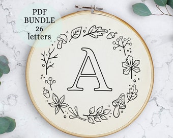 Autumn Alphabet Embroidery PDF Pattern, Instant Digital Download, Letter Embroidery Design with mushroom, Fall Monogram , hand stitched art