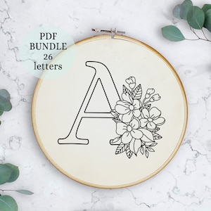 Floral Alphabet Embroidery Pattern, 6 inch, Instant Digital Download, Letter Embroidery Design with Flowers, Floral Monogram, wildflowers