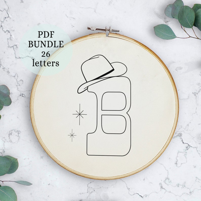 May include: A black and white line drawing of the letter B with a cowboy hat on top. The letter is surrounded by two small stars.