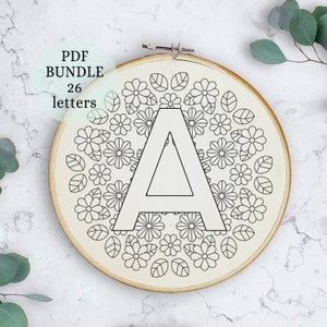 Letter Embroidery PDF Pattern, Floral Alphabet, DIY Hand Embroidery, Monogram Cross Stitch, Initial Embroidery Hoop Art, Creative embroidery