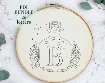 Complete alphabet inside the bottle, Hand embroidery, pdf pattern letter embroidery design, instant digital download, hoop decor, handmade