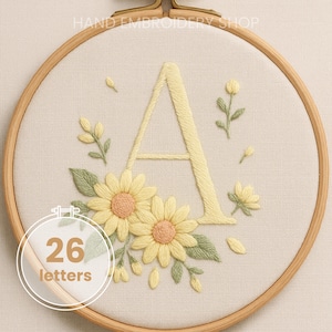 Patrón de bordado a mano con girasoles (A-Z), regalo personalizado, monograma, descarga instantánea, plantilla de letra inicial botánica, decoración infantil.