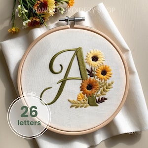 Patrón de bordado de letras florales, PDF con letra inicial de musgo, diseño de bordado de primavera, decoración de habitación infantil, monogramas bordados del alfabeto para guardería