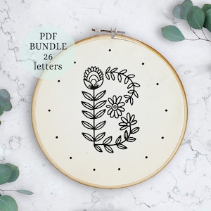 Floral alphabet hand embroidery pattern, personalized gift DIY, initial letters, floral ornaments, Alphabet Embroidery Pattern, 6 inch size