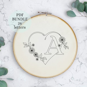 Patrón de bordado de monograma de corazón, patrón de bordado moderno PDF, iniciales de bordado a mano, carta personalizada, patrón de letra de bordado a mano