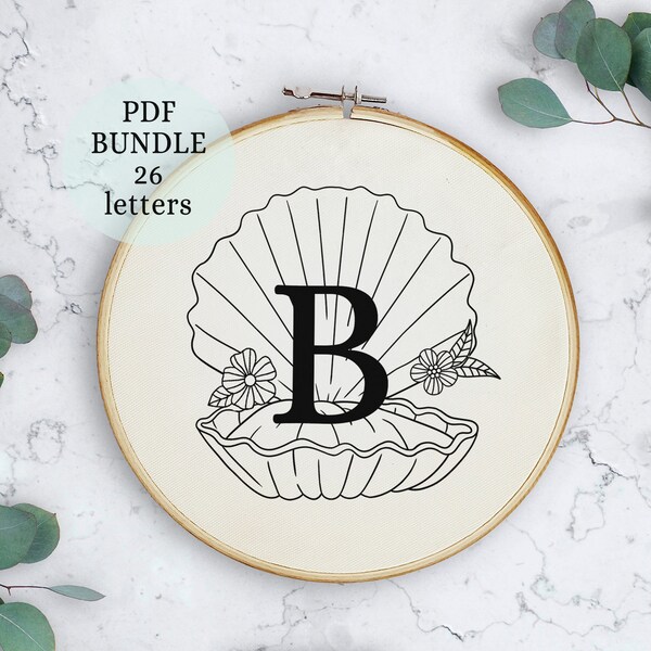 Pretty Shell Embroidery Alphabet, Handmade Gift, Shell Needlepoint Pattern, Shell Hand Embroidery, Shell Hoop Art Personalize Yourself