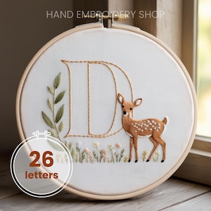 Patrón de bordado a mano con alfabeto inspirado en el bosque, monogramas de arte con aro con alfabeto de ciervos, plantilla para principiantes, idea de artesanía única, descarga digital