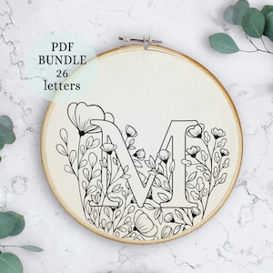 Padrão de bordado do alfabeto de primavera, 6 polegadas, download digital instantâneo, desenho de bordado de letras com flores, monograma floral, flores silvestres