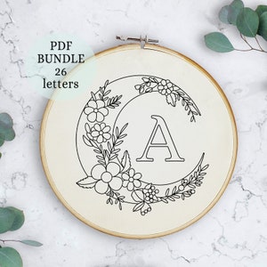 Bordado completo del alfabeto, patrón PDF, diseño de bordado de letras con flores, monograma inicial, descarga instantánea, arte del aro, archivo digital