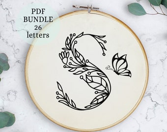 Floral alphabet hand embroidery pattern, personalized gift DIY, initial letters, floral ornaments, Alphabet Embroidery Pattern, 6 inch size