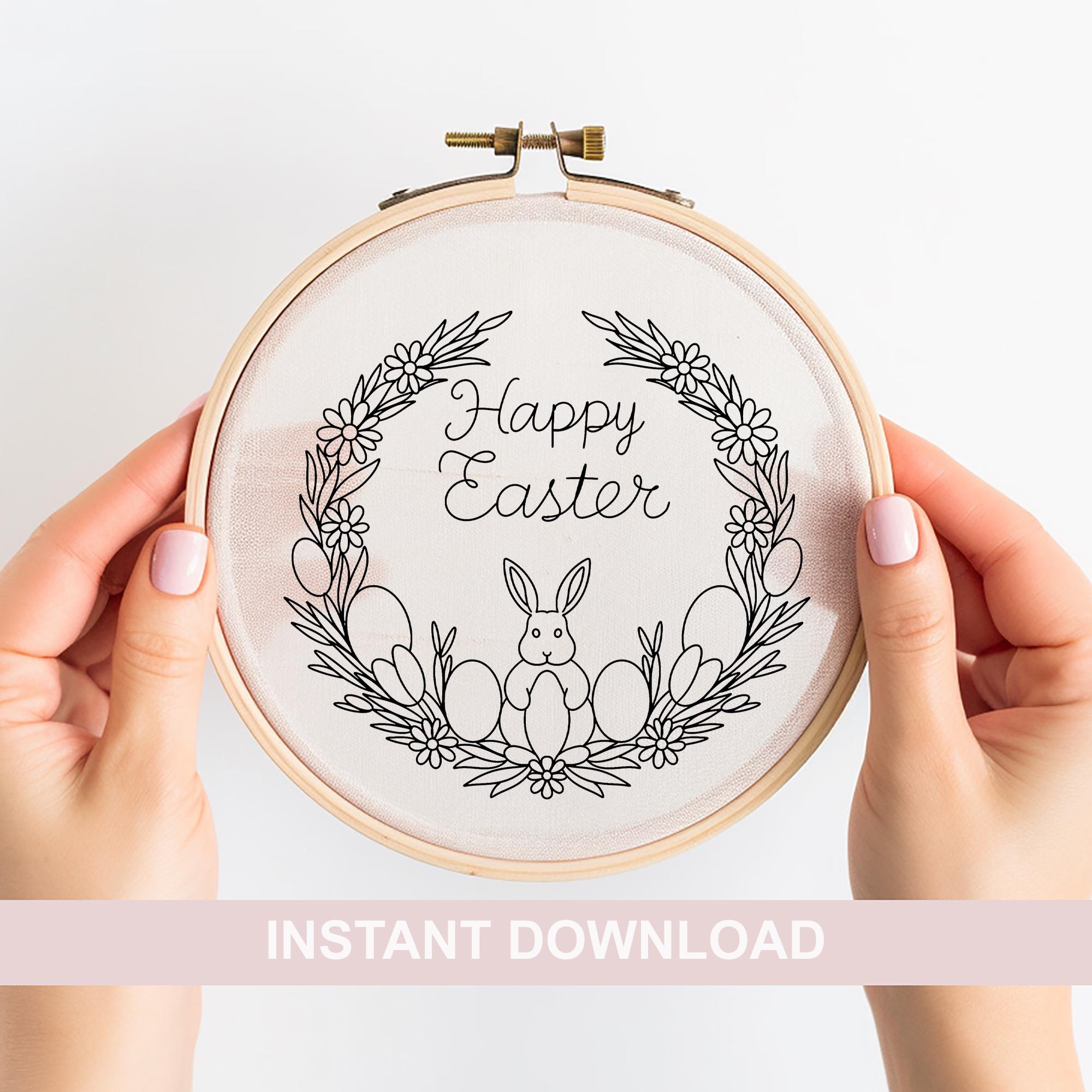 Spring Easter Wreath Hand Embroidery Pattern: Bunny Floral Hoop (PDF ...