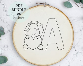 Dinosaur Alphabet Embroidery Pattern Bundle, Beginner PDF