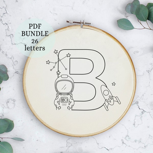 Embroidery chart, alphabet hand embroidery pattern, easy embroidery, idea gift, astronaut alphabet, astronaut Embroidery, rocket design