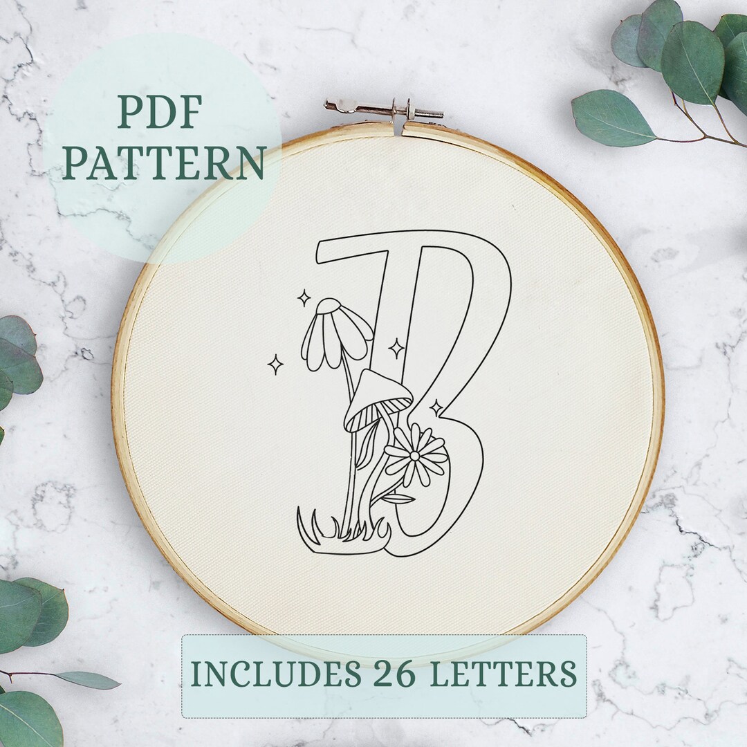 Monogram Embroidery Pattern Pdf Initial With Daisies, Complete Alphabet, Letter Needlework