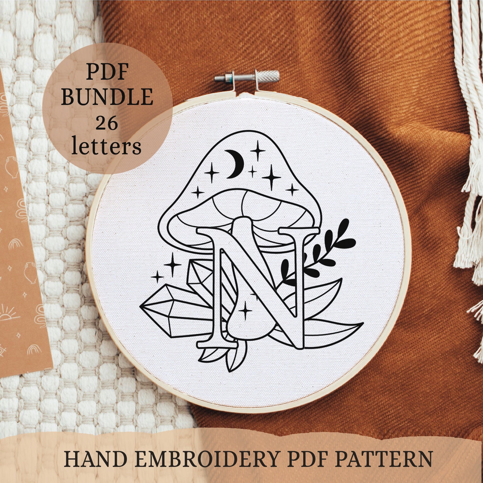 Celestial Mushroom Monogram Embroidery Pattern, Alphabet Letters