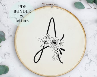 Floral Alphabet Embroidery Pattern, Instant Digital Download, Embroidery Design floral Letters, Floral Monogram, Wedding Embroidery designs