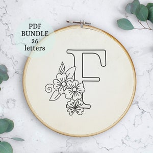 Patrones de bordado Art Déco, Monogramas modernos, Alfabeto completo, Patrones de bordado a mano, Descarga digital, Letras de estilo arte floral, florales