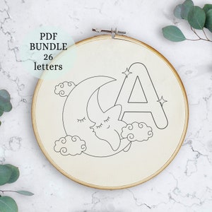 Estrelas e lua, padrão de bordado do alfabeto do berçário, 6 polegadas, download digital instantâneo, design de bordado de letras, decoração de quarto infantil, arte de berçário