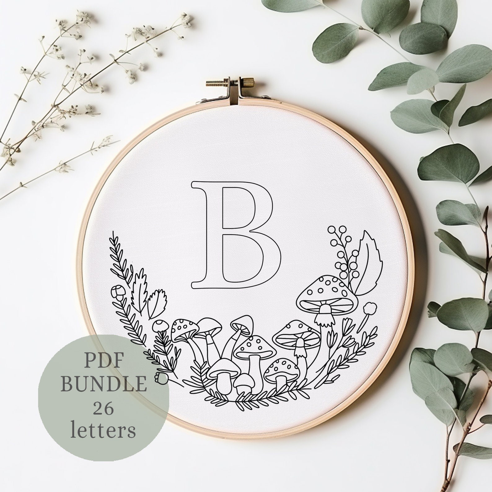 Mushroom Alphabet Embroidery Pattern: Floral Monogram (6