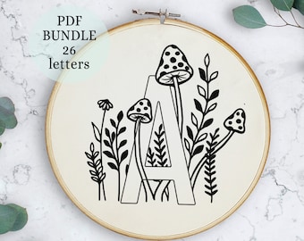 Bordado de monograma floral de hongo: Alfabeto completo (patrón PDF)