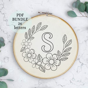 Letras completas do alfabeto, pacote de bordado, coleção de alfabeto, padrão de bordado em PDF, padrão para iniciantes, design de flores silvestres, padrão em pdf
