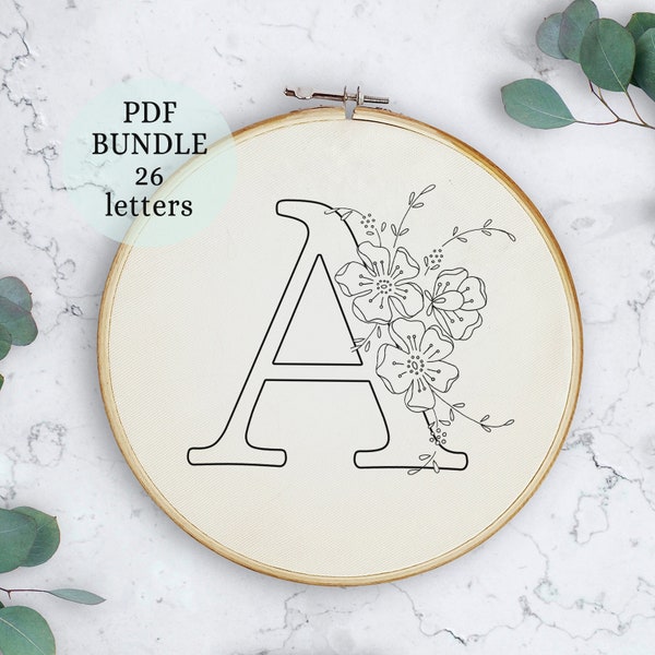 Complete alphabet embroidery, pdf pattern letter embroidery design with flowers, floral monogram initial instant digital download hoop decor