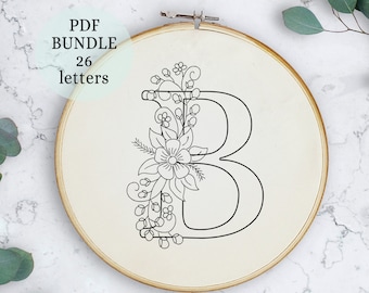 Floral Alphabet Embroidery PDF Pattern, 6 inch, Instant Digital Download, Letter Embroidery Design with Flowers, Floral Monogram, alphabet