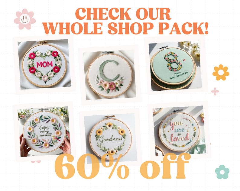 May include: Six embroidered hoop art pieces with floral designs and various text, including "MOM", "C", "8 March Happy Women's Day", "Enjoy every moment", "Goodness", and "You are so loved". The text is in a variety of colours and fonts. The hoops are all white with a wooden frame. The image is set against a white background with a grid pattern.