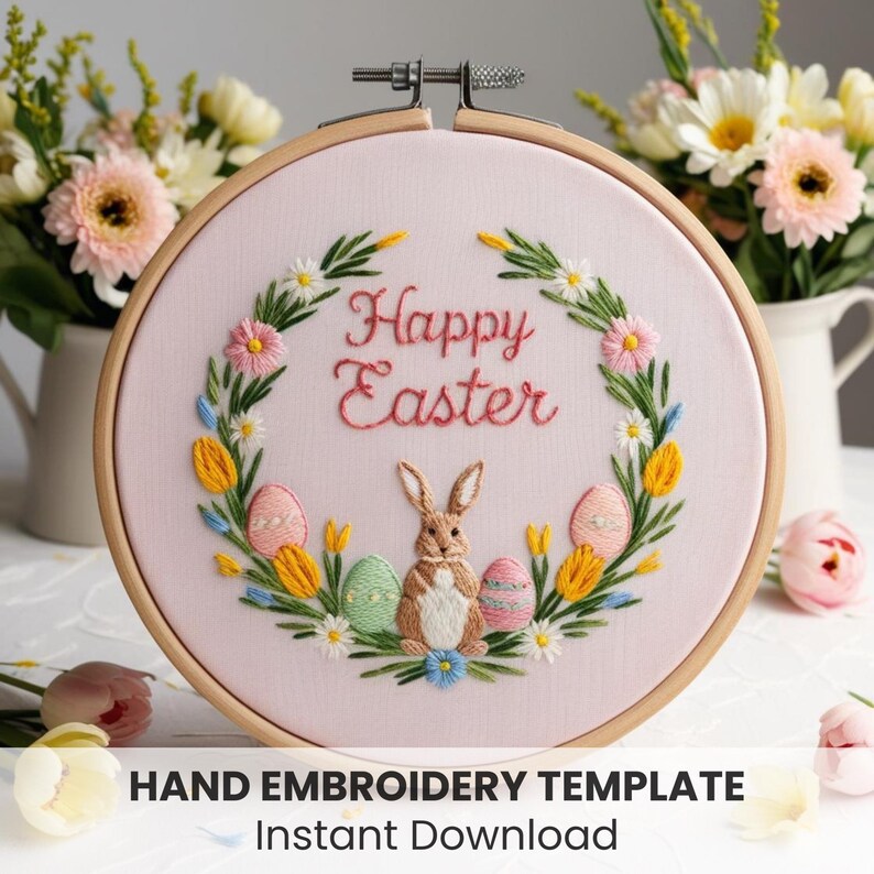 Spring Easter Wreath Hand Embroidery Pattern: Bunny Floral Hoop (PDF ...