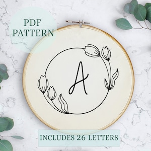 Descarga digital, las 26 letras incluidas, arte inicial del aro de bordado, patrones de letras de bordado elegantes, bordado a mano del alfabeto completo