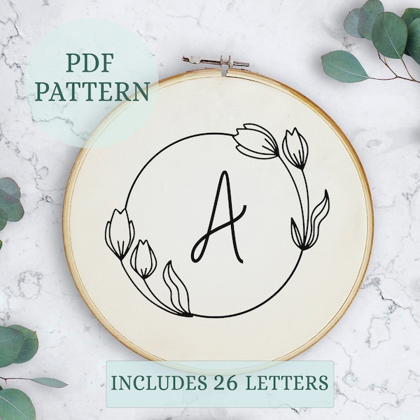 Digital download, All 26 letters included, initial embroidery hoop art, Elegant Embroidery Letter Patterns, Full Alphabet Hand Embroidery